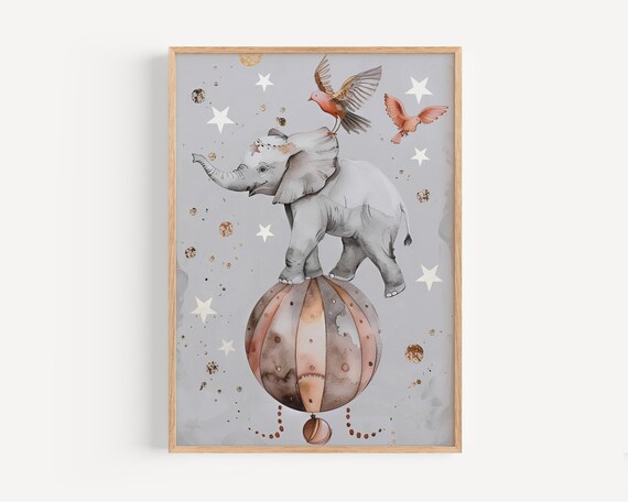 Baby Elephant Balancing on a Striped Balloon Watercolor Circus Nursery Poster
