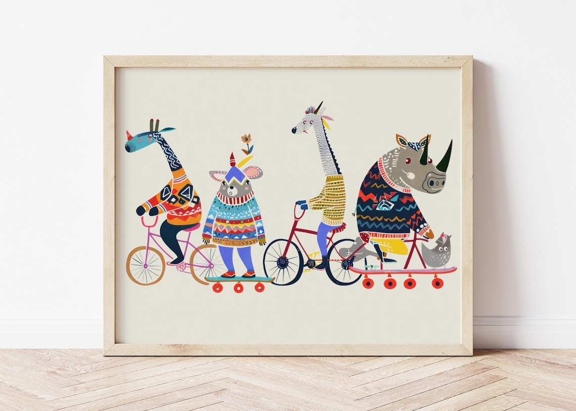 Whimsical Animals Riding Bicycles Colorful Sweater Kids Room Funny Wall Poster