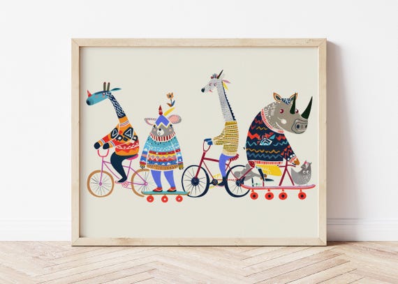 Animal Wall Art Colorful Poster Kids Room Decor Funny Bicycle Nursery Animals On Wheels