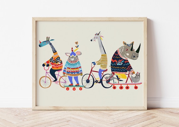 Whimsical Animals Riding Bicycles Colorful Sweater Kids Room Funny Wall Poster