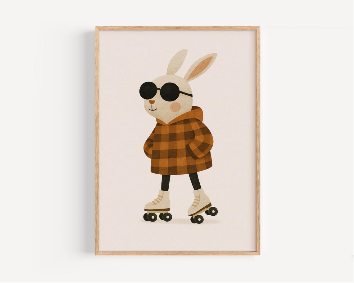 Cool Bunny in Sunglasses on Roller Skates Kids Nursery Wall Poster
