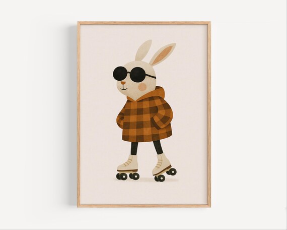 Cool Bunny in Sunglasses on Roller Skates Kids Nursery Wall Poster