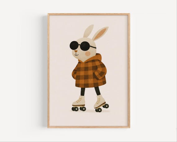 Roller Skating Bunny Wall Art Minimalist Scandinavian Animal Print Cute Rabbit Nursery Decor Neutral Kids Room Poster Baby Shower Gift