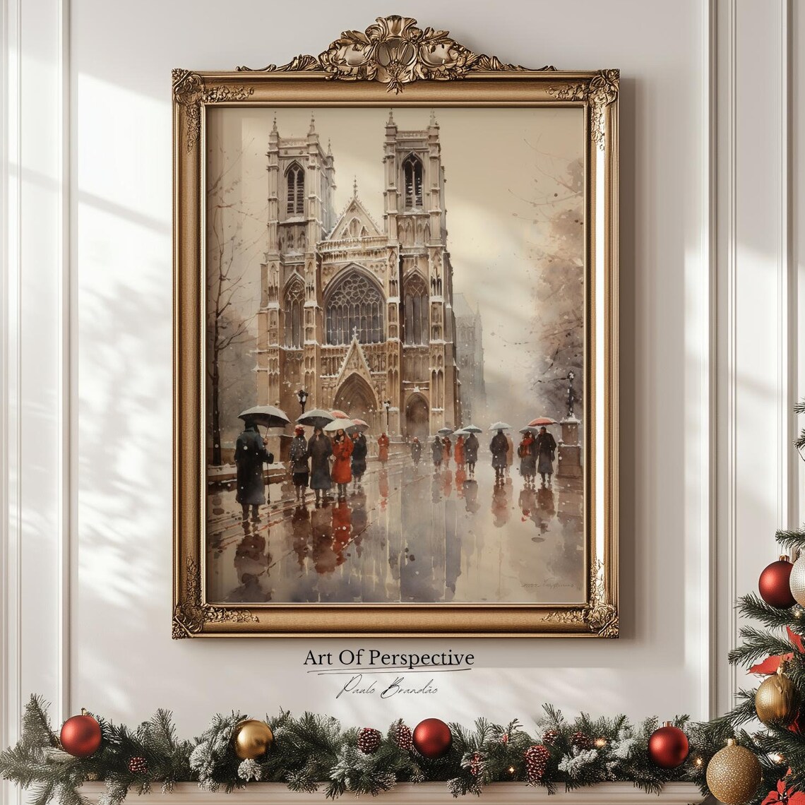 Westminster Abbey Rain Watercolor Umbrellas London Antique Style Art Poster