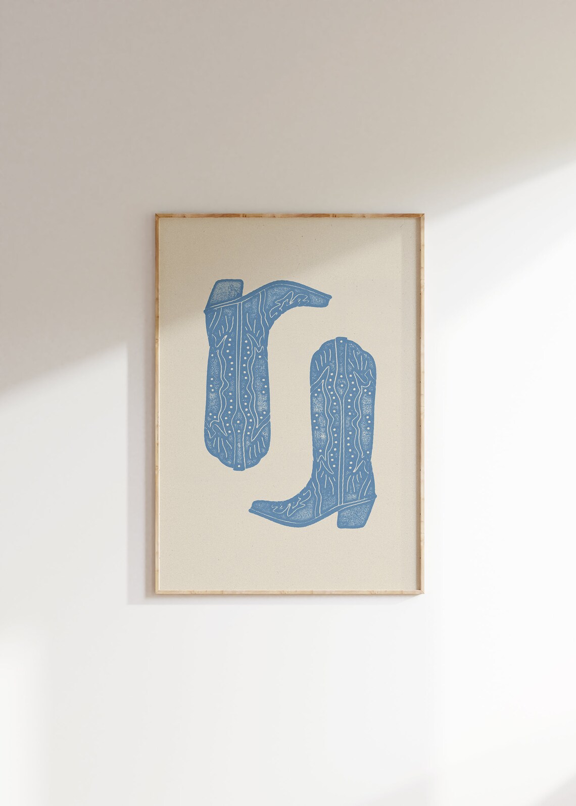 Dusty Blue Block Style Cowboy Boots Cream Western Wall Poster - Image 2