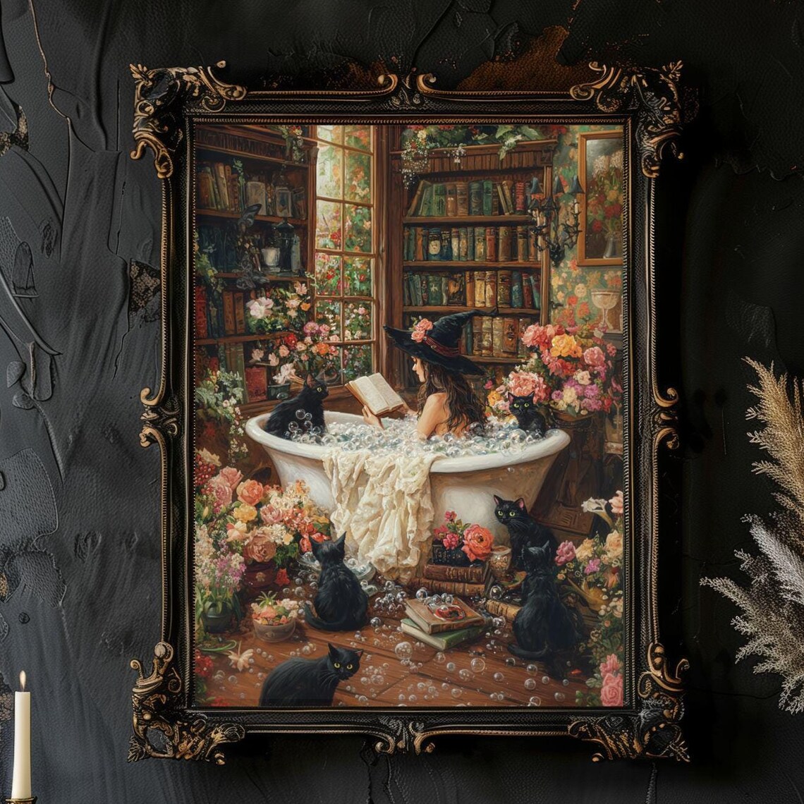 Witch Reading in Bathtub with Black Cats Art Print