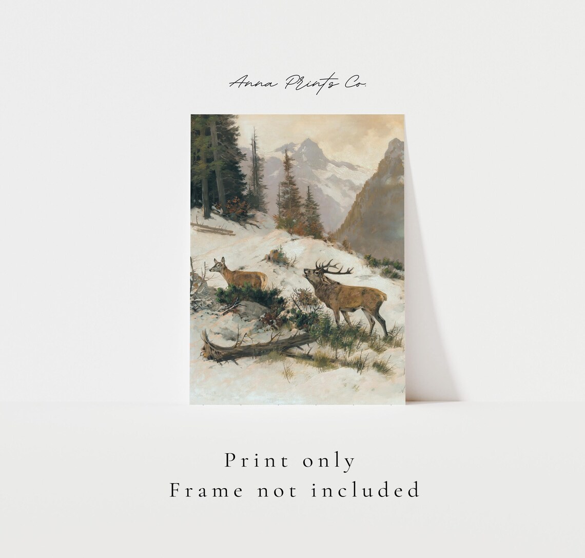Roe Deer Winter Landscape, Vintage Christmas Art Print - Image 3