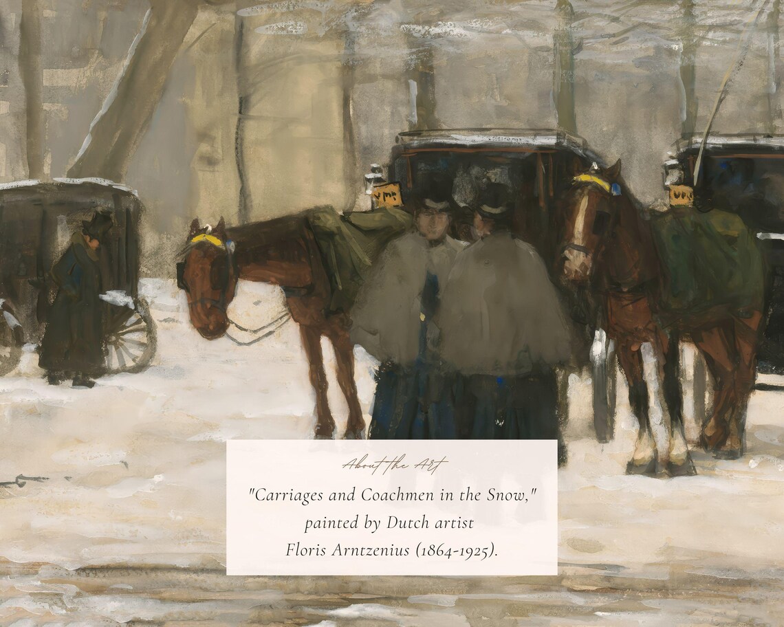 Horse Drawn Carriages Waiting In The Snow Vintage Impressionist Print - Image 2