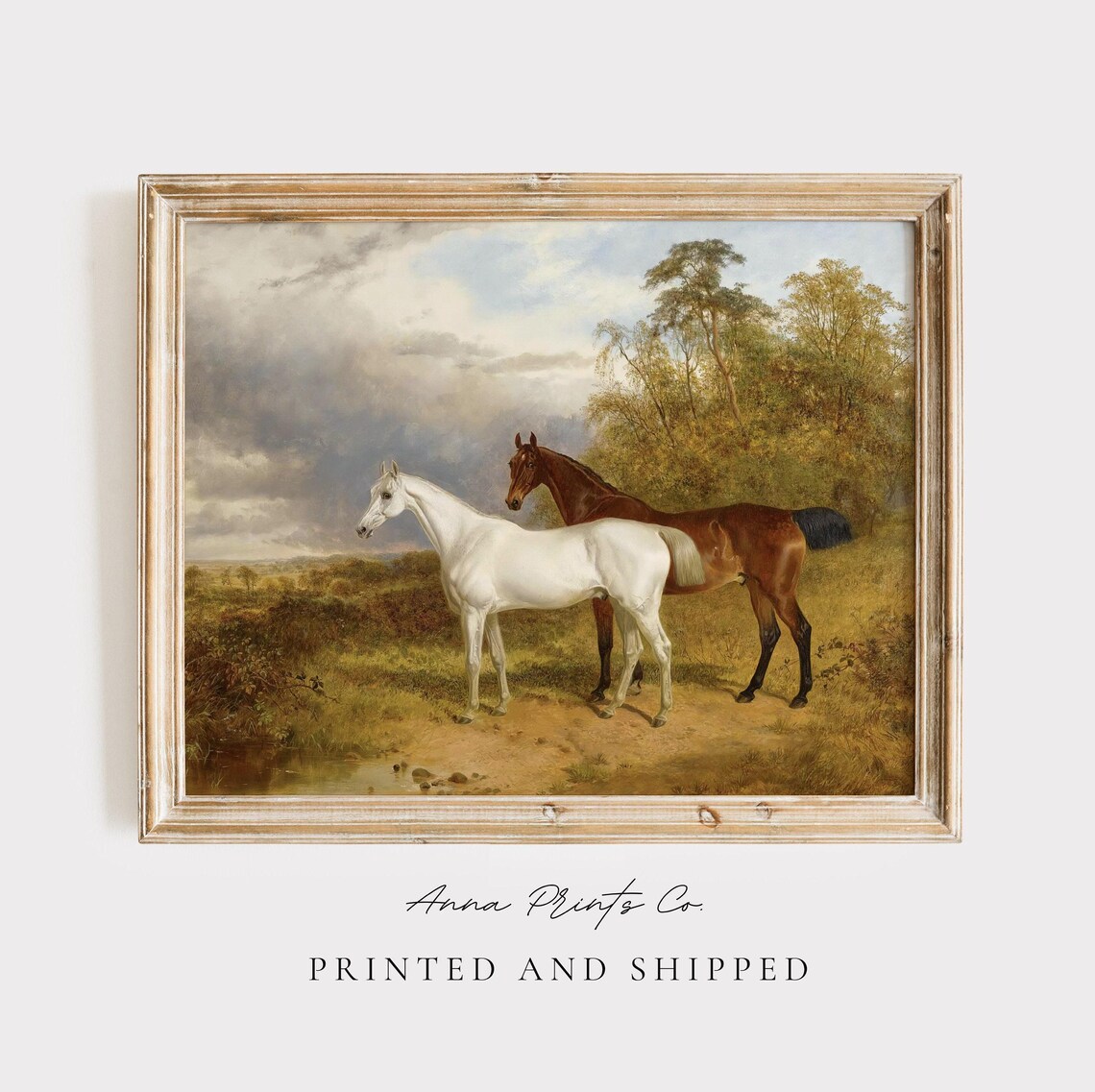 Vintage Bay And Grey Horse Landscape Art Print