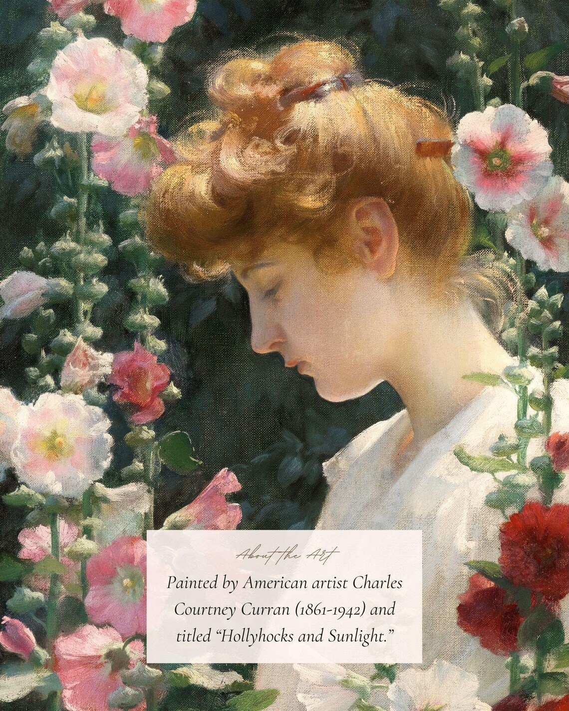 Woman Among Hollyhock Flowers Vintage Painting Print Garden Wall Art - Image 2