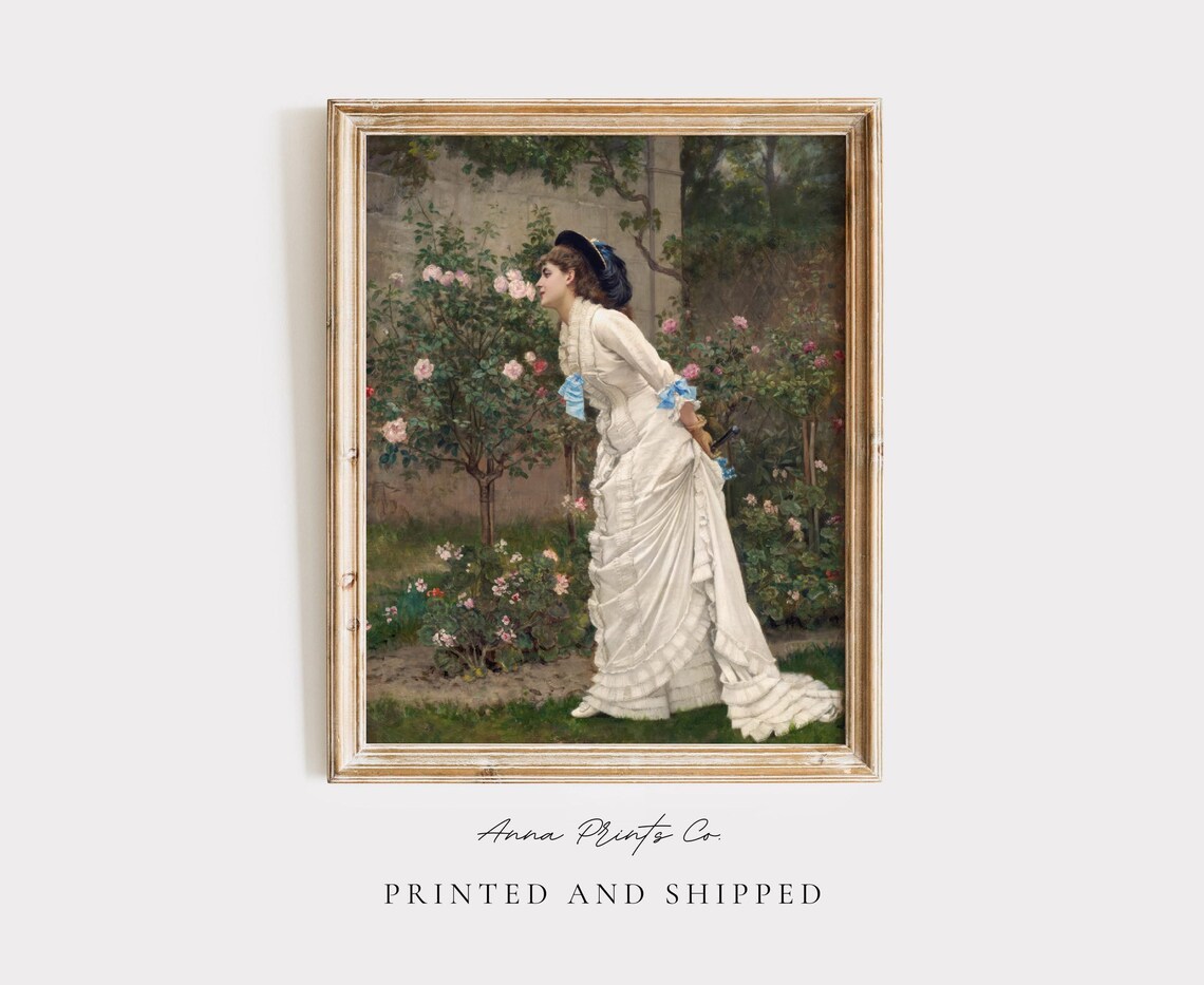Victorian Woman in a Rose Garden, Vintage Art Print