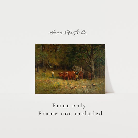 Mailed Gicle Print Farmers With Oxen Vintage Painting Moody Landscape Artwork Antique Country Farmhouse Decor Fine Art Print