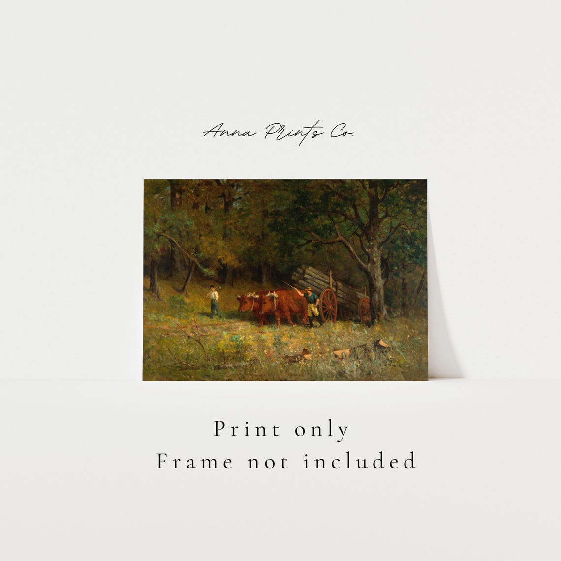 Farmers With Oxen Pulling Log Wagon Forest Clearing Vintage Art Print