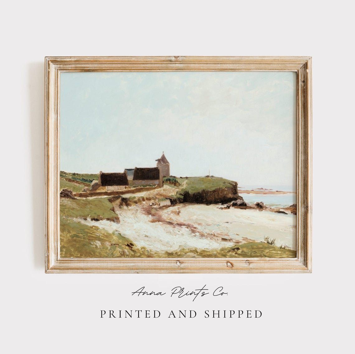 Coastal Headland With Stone Buildings And Sandy Cove Vintage Print