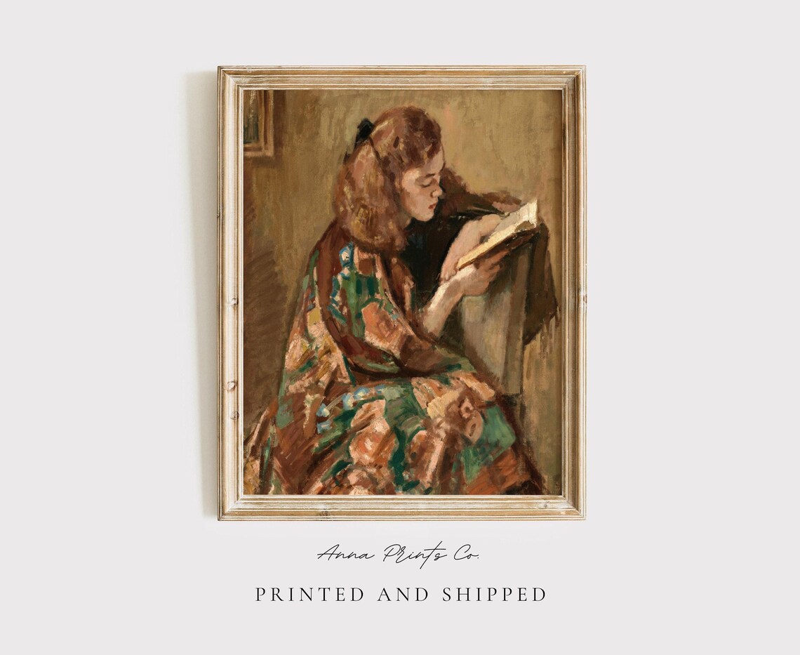 Young Woman Reading, Vintage Cottage Farmhouse Art Print
