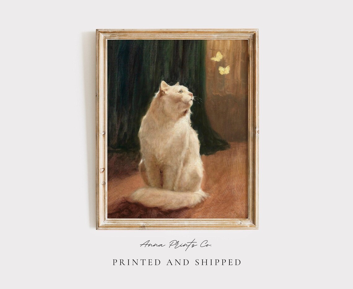White Cat With Butterflies, Vintage Oil Painting Print