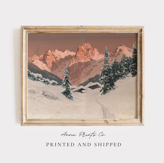 Vintage Winter Mountain Sunset Christmas Art Print