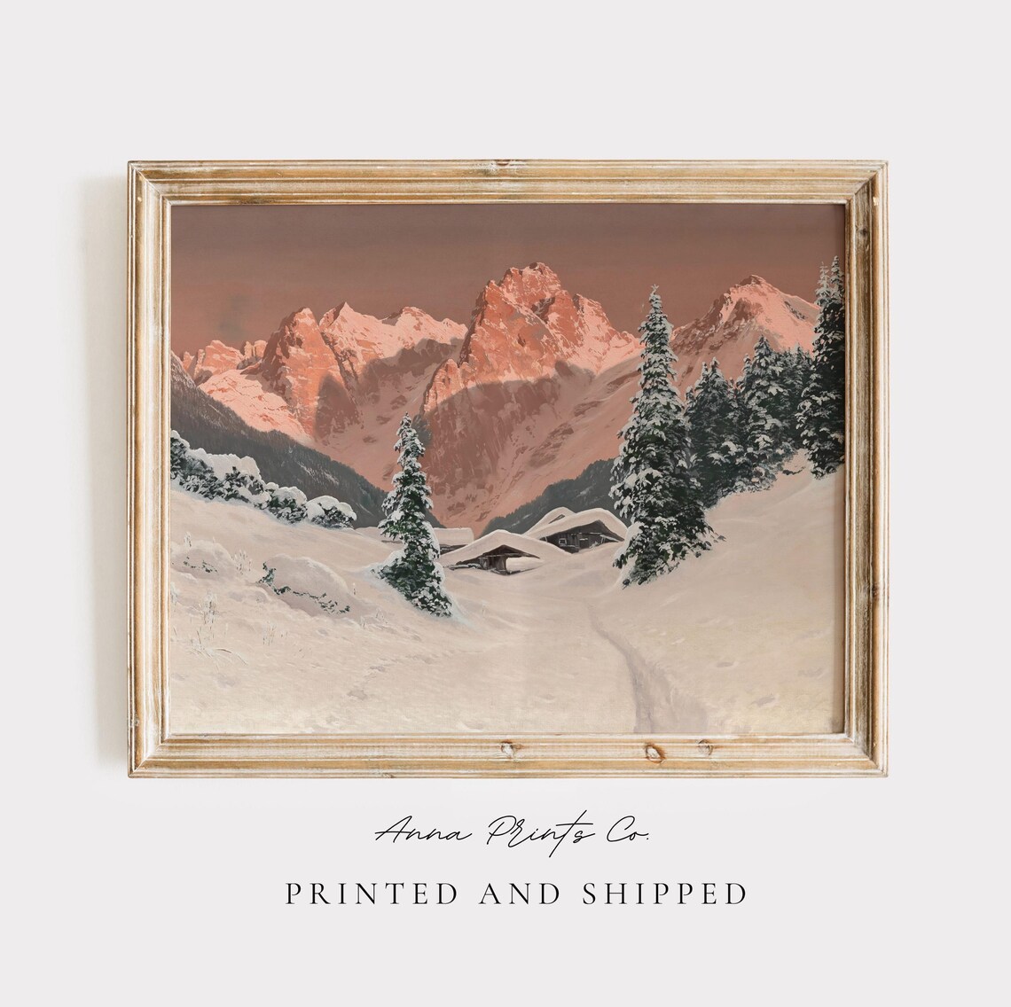 Vintage Winter Mountain Sunset Christmas Art Print