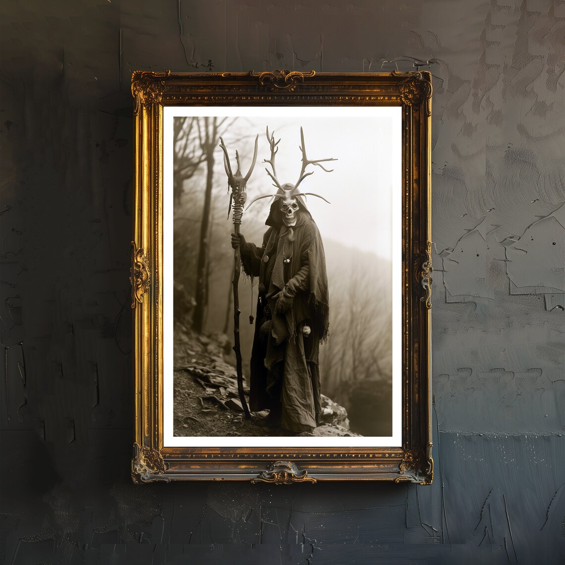Antlered Skull Wanderer In Foggy Woods Vintage Gothic Art Poster