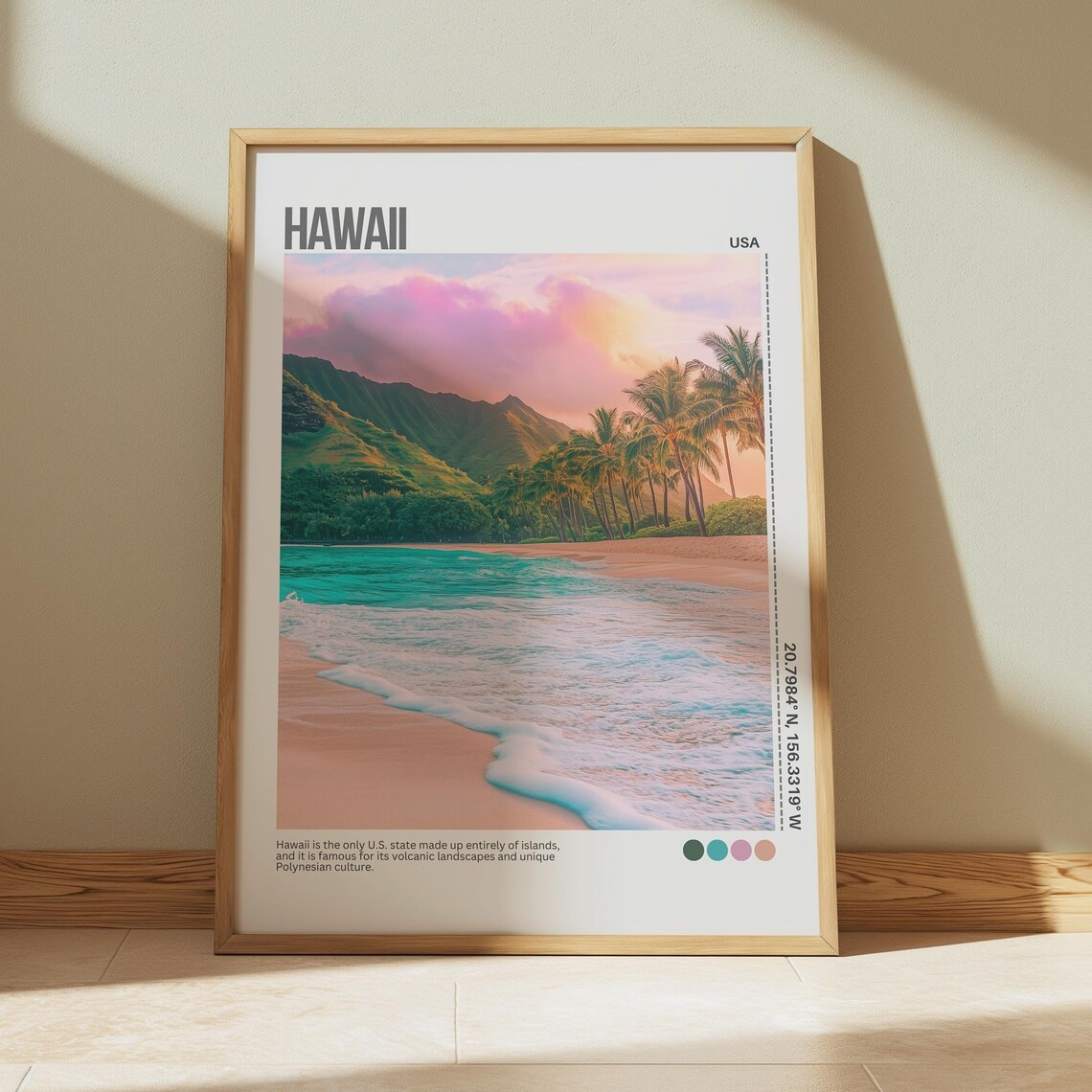 Hawaii Tropical Beach Palm Sunset Pink Sky Scenic Travel Poster