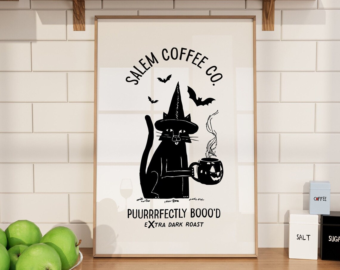 Spooky Coffee Cat Halloween Kitchen Art Print - Image 2