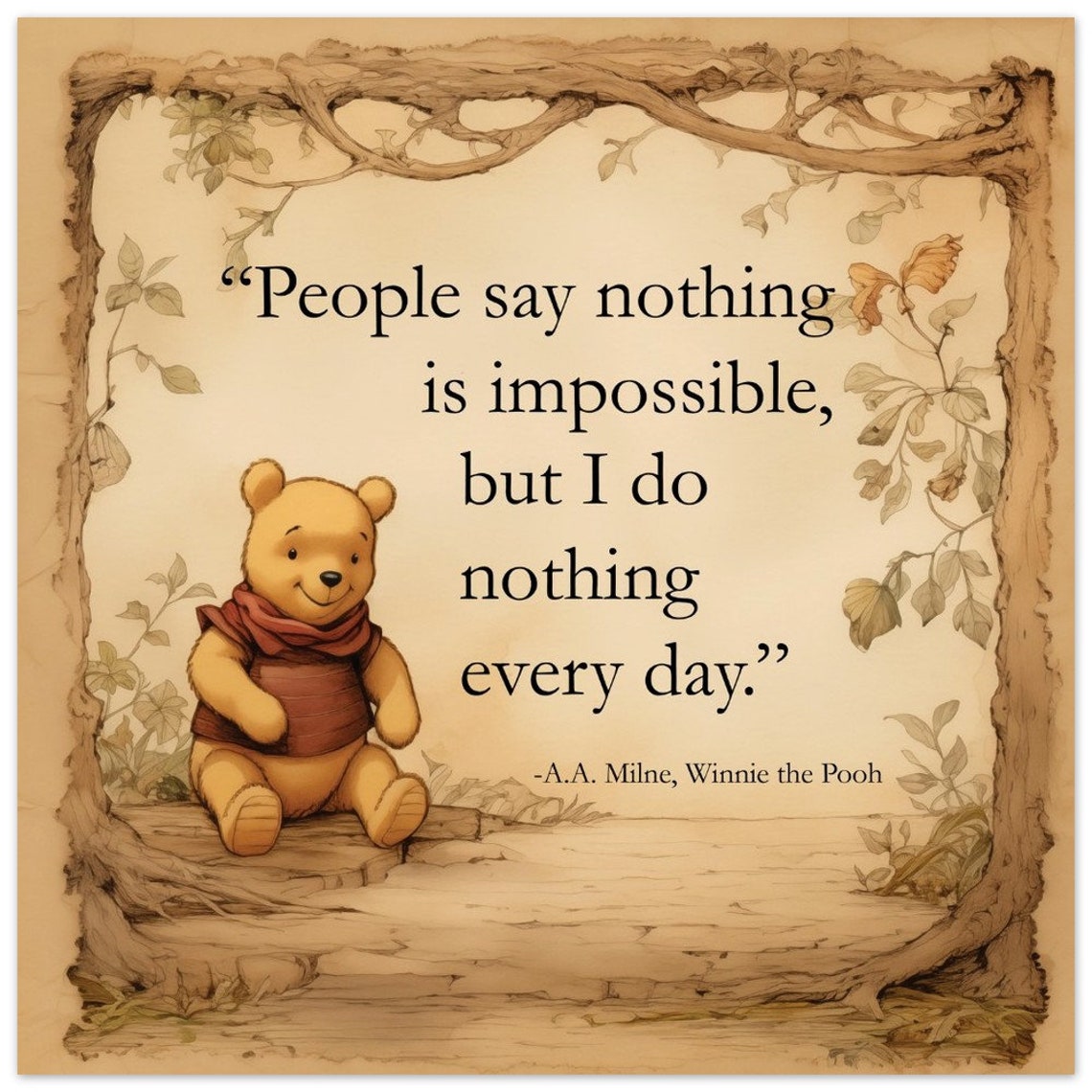 Winnie the Pooh Nothing Impossible Quote Tree Border Vintage Print - Image 4