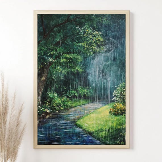Rainy Forest Path Art Print, Serene Nature Decor