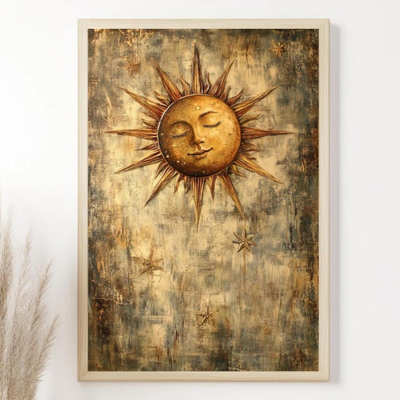 Celestial Sun Vintage Print, Bedroom Decor