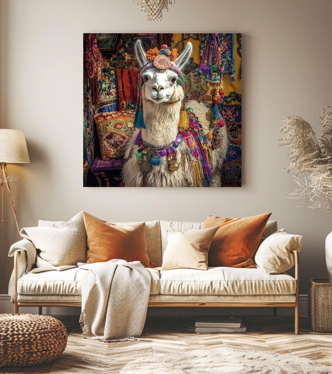 Festive White Llama Dressed in Colorful Woven Textile Decor Poster - Image 2