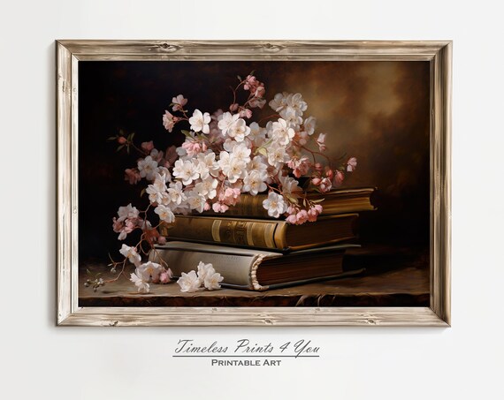 Vintage Still Life of Stacked Books and Cherry Blossom Poster