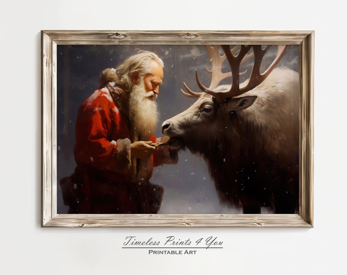 Santa Claus Feeding Reindeer In Snow Moody Christmas Art Print