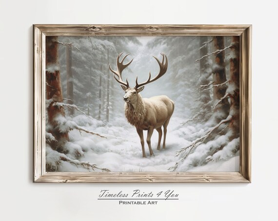 Majestic Stag in a Snowy Winter Forest Vintage Deer Painting Poster