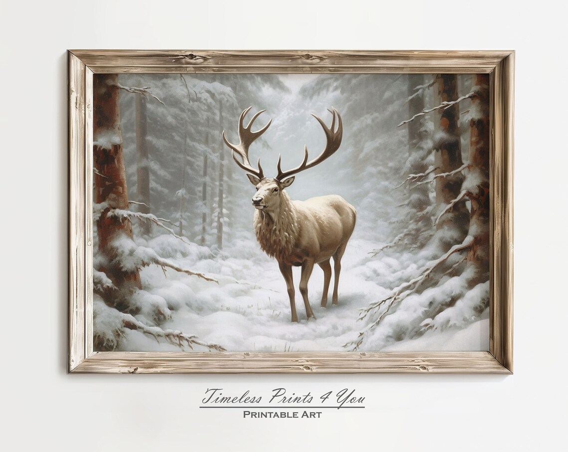 Majestic Stag in a Snowy Winter Forest Vintage Deer Painting Poster