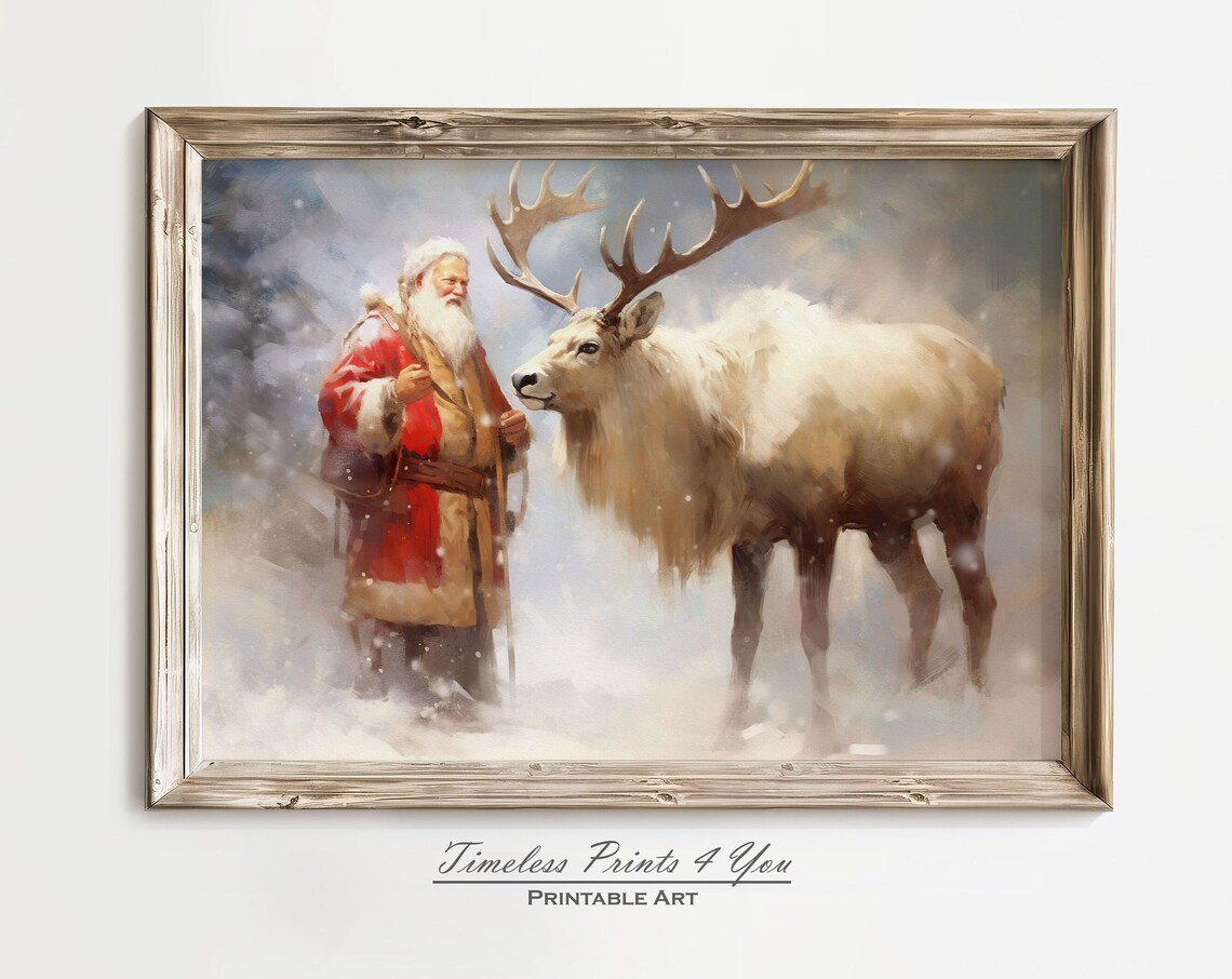 Santa Claus With White Reindeer In Snow Vintage Christmas Art Print