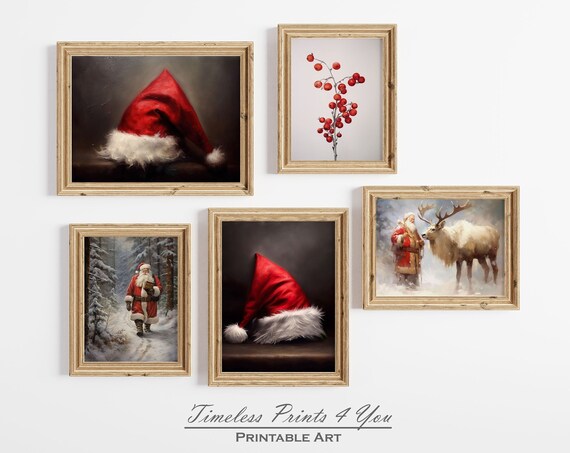 Vintage Christmas Santa Set of 5 Rustic Holiday Gallery Art Print