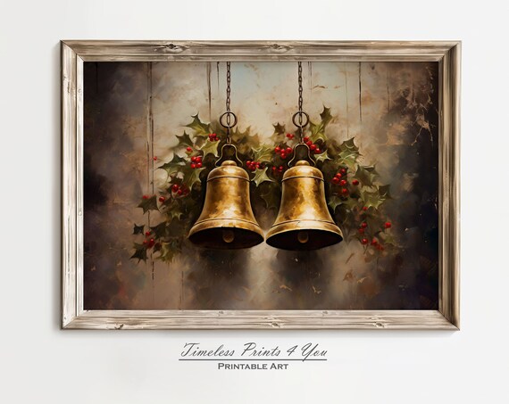 Vintage Rustic Christmas Bells with Holly Holiday Painting Poster