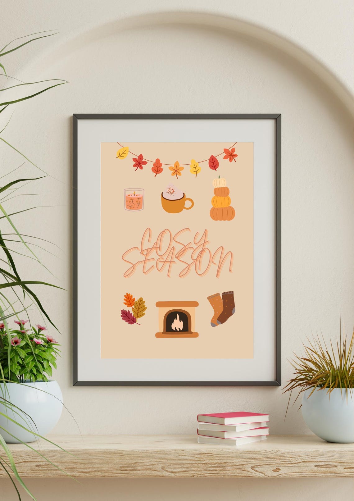 Cosy Season Fall Cocoa Fireplace Pumpkin Warm Autumn Poster Decor