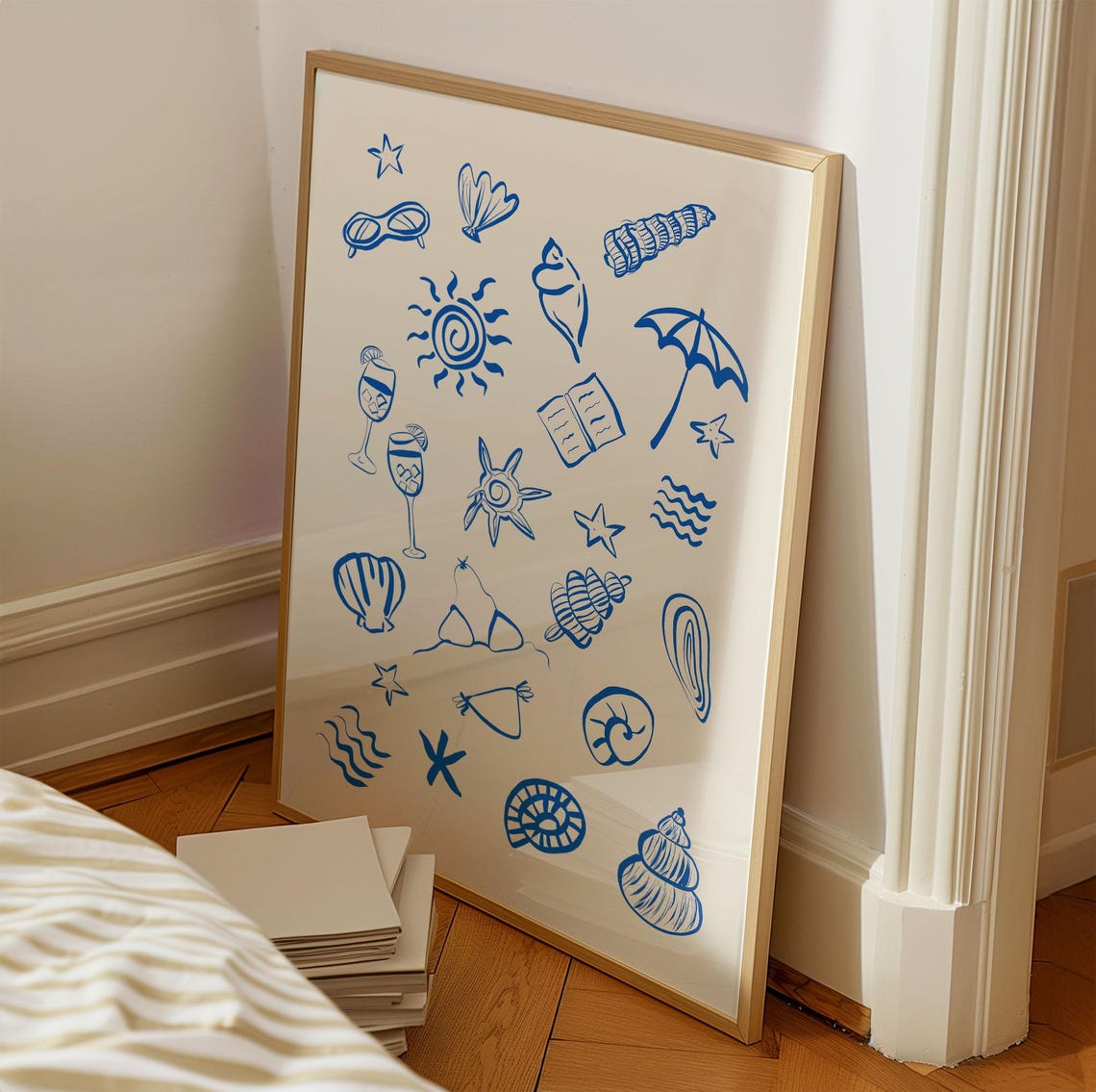 Cobalt Blue Coastal Icons Hand Drawn Summer Doodle Pattern Poster - Image 4