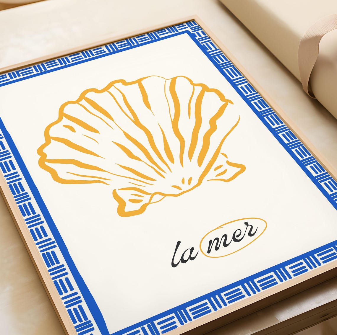 La Mer Scallop Shell Coastal Blue Greek Border Kitchen Art Poster - Image 3