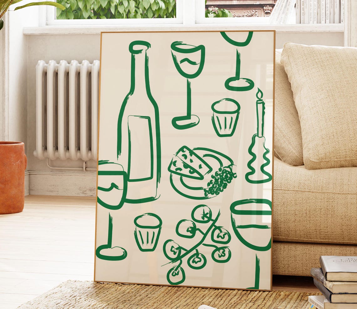 Modern Green Line Art Wine Bottle Glasses Cheese Kitchen Print