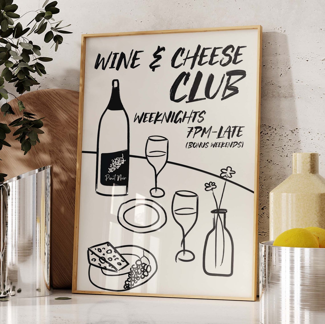 Wine and Cheese Club Weeknights Bold Black Ink Kitchen Poster - Image 4