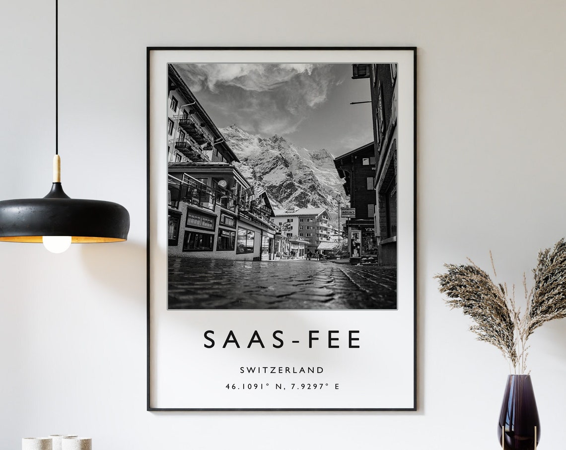 Saas Fee Travel Print Saas Fee Travel Poster Switzerland Print Swiss Print Black And White Travel Poster Travel Art Travel Gift
