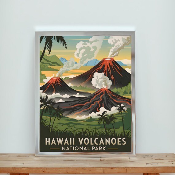 Hawaii Volcanoes National Park Erupting Lava Vintage Travel Poster