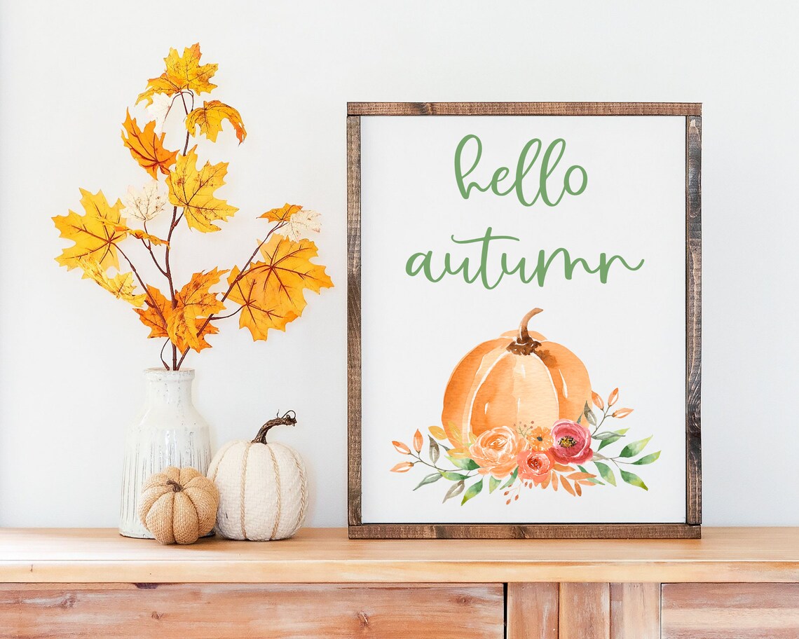 Hello Autumn Watercolor Pumpkin Floral Seasonal Decor Poster - Image 2