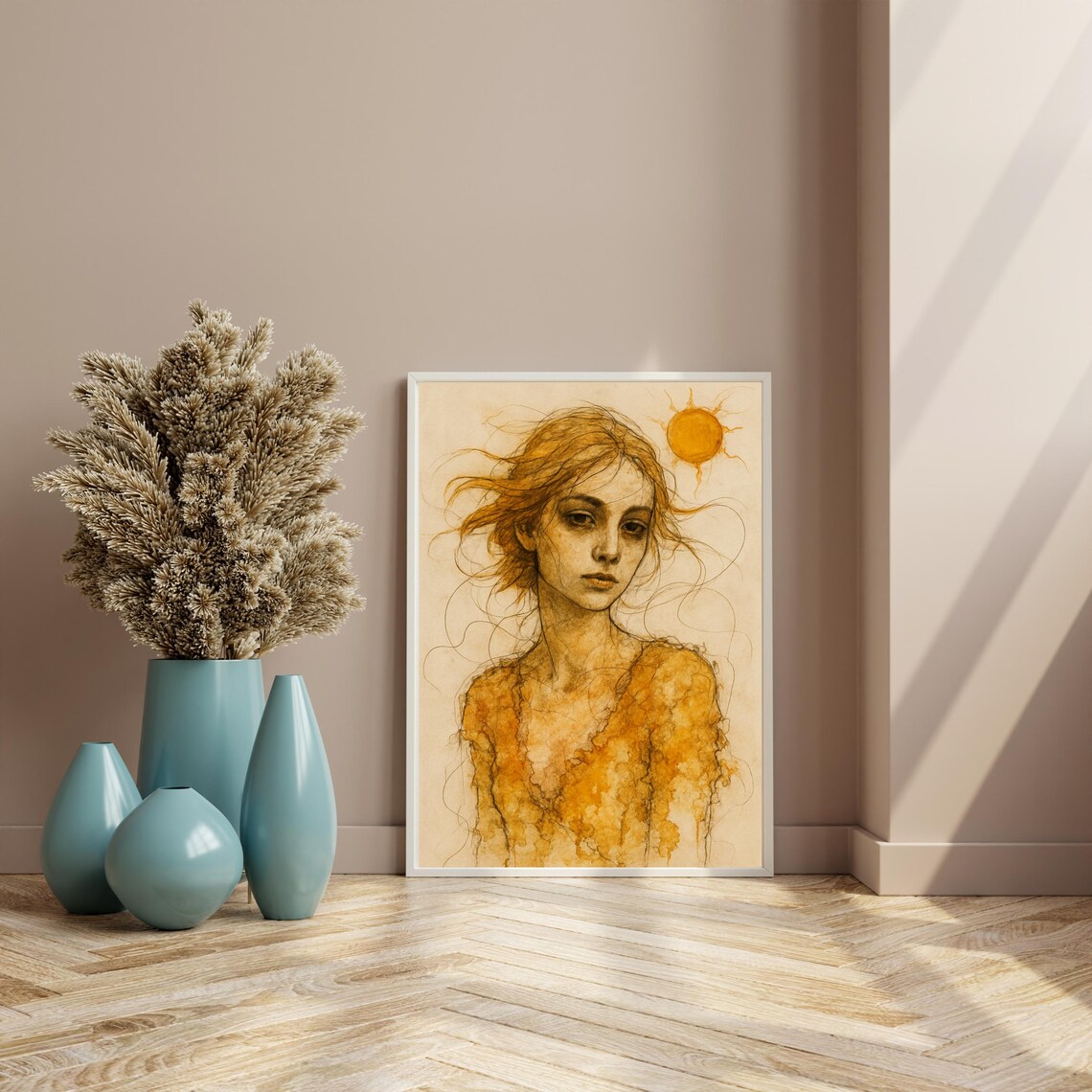 Golden Sun Woman Portrait, Boho Summer Decor - Image 3