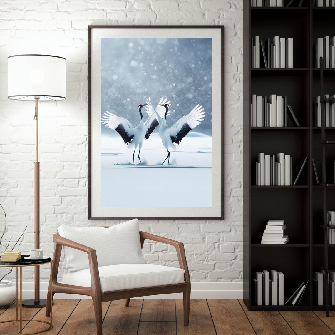 Japanese Crane Dance, Elegant Minimalist Bird Art Print