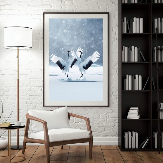 Japanese Crane Dance, Elegant Minimalist Bird Art Print