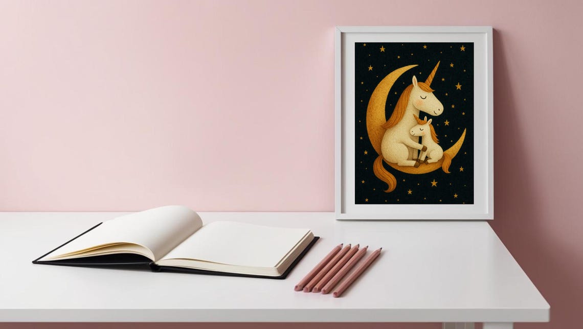 Unicorn Hug On The Moon, Nursery Decor Poster - Image 3