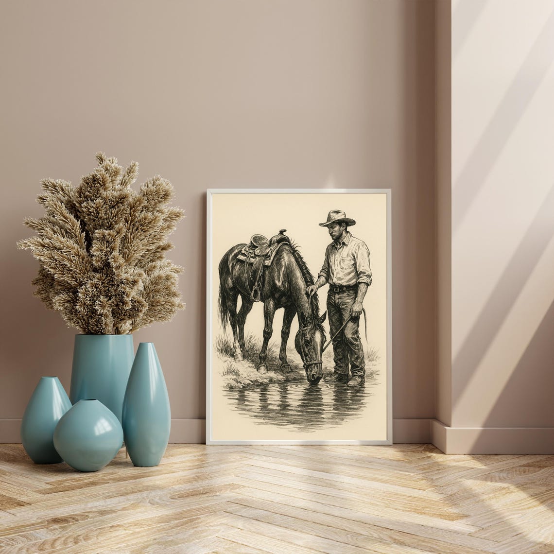 Western Cowboy And Horse At Water, Vintage Ranch Decor - Image 3