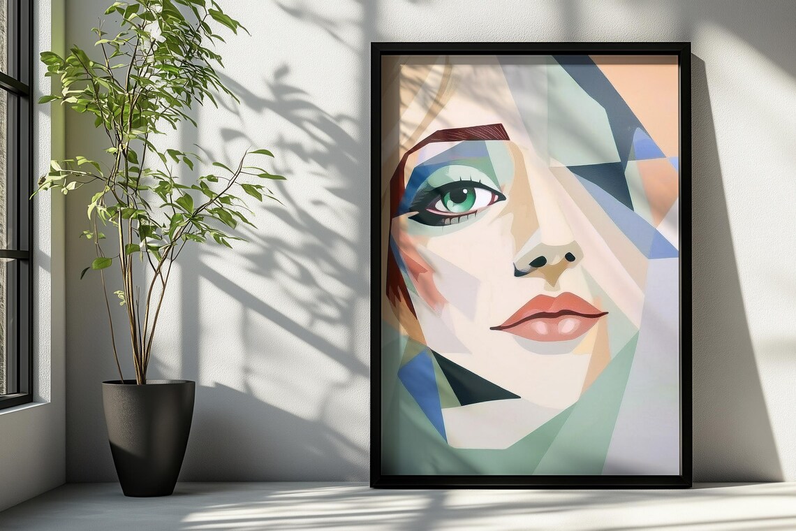 Modern Geometric Portrait Painting, Abstract Woman